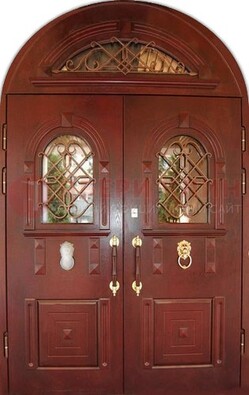 Стальная арочная дверь со стеклом и ковкой ДА-30 в дом из кирпича в Краснодаре