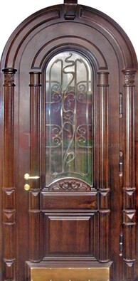 Арочная металлическая дверь массив со стеклом и ковкой ДА-50 в Кингисеппе