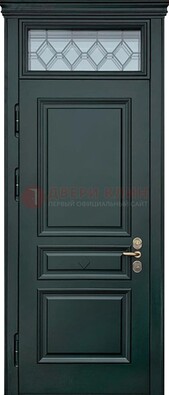 Темно-зеленая железная дверь со стеклом и верхней фрамугой ДФГ-5 в Казани