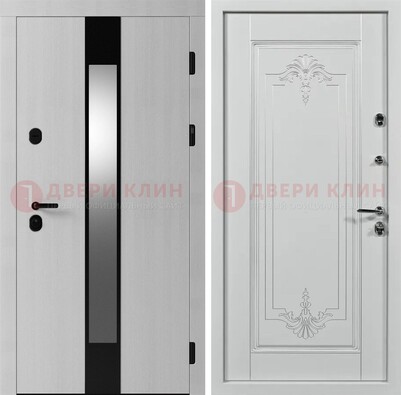 Белая металлическая дверь МДФ с зеркальной вставкой ДМ-324 в Кингисеппе