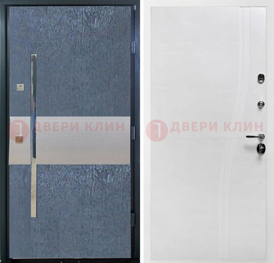 Синяя входная дверь МДФ с серебряной вставкой ДМ-330