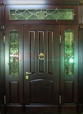 Стальная парадная дверь со стеклом и ковкой ДПР-18 для деревянного дома в Тольятти