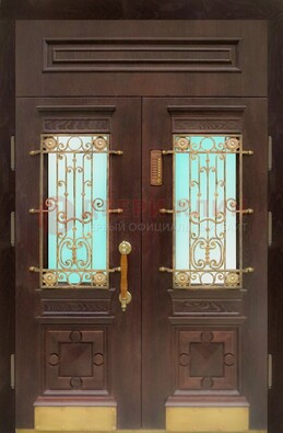 Парадная дверь со вставками из стекла и ковки ДПР-43 для каркасного дома в Раменском