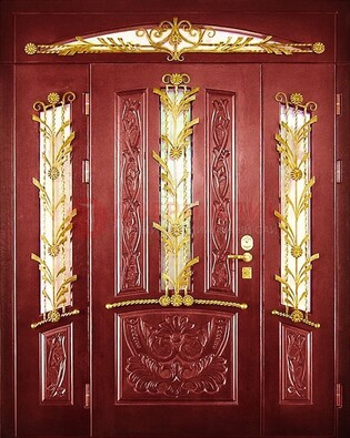 Бордовая железная парадная дверь со стеклом и ковкой ДПР-75 в Уфе