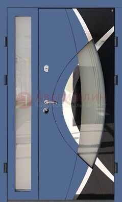 Синяя металлическая дверь со стеклом и узором ДС-13 в Кингисеппе