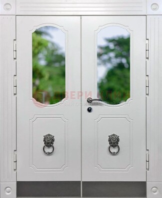 Белая двухстворчатая железная дверь со стеклом ДС-22 в Кингисеппе