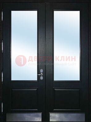Черная двухстворчатая металлическая дверь со стеклом ДС-25 в Кингисеппе