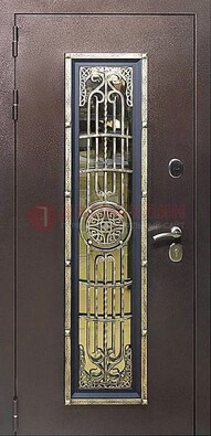 Железная дверь цвета медный антик со стеклом и ковкой ДСК-105 в Санкт-Петербурге