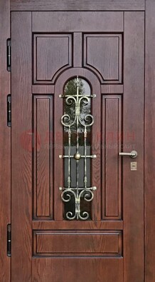 Cтальная дверь со стеклом и ковкой в коричневом цвете ДСК-119 в Омске