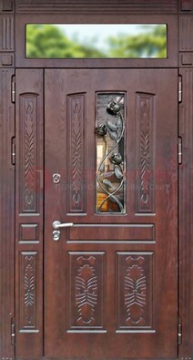 Коричневая железная дверь со стеклом и ковкой на улицу ДСК-127 в Шатуре
