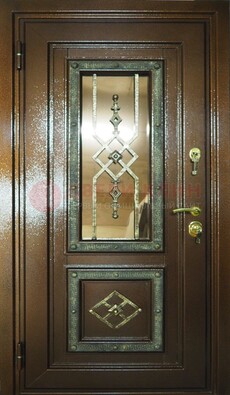 Теплая входная дверь со стеклом и ковкой разноцветной ДСК-13 в Кингисеппе