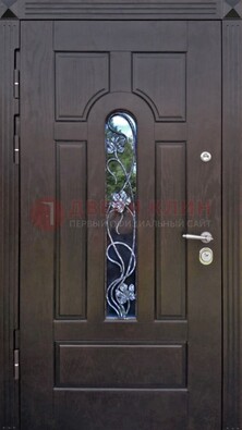 Металлическая дверь со стеклом и ковкой в цвете венге ДСК-142 в Троицке