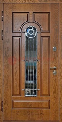 Коричневая стальная дверь со стеклом и ковкой для кирпичного дома ДСК-146 в Ногинске