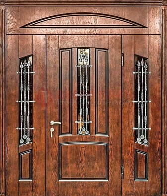 Стальная дверь со стеклом и ковкой с фрамугами ДСК-149 коричневая в Кингисеппе