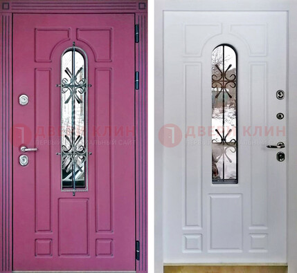 Розовая металлическая дверь со стеклом и ковкой ДСК-151 в Кингисеппе