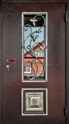Коричневая стальная дверь порошок со стеклом и ковкой ДСК-163 в Краснознаменске