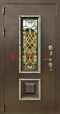 Входная дверь порошок со стеклом и ковкой для коттеджа ДСК-166 в Краснознаменске