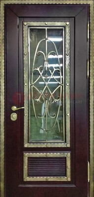 Темная уличная дверь порошок со стеклом и ковкой ДСК-167 в Уфе