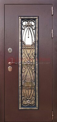 Коричневая стальная дверь порошок со стеклом и ковкой для дома ДСК-169 в Кингисеппе
