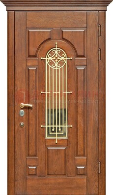 Коричневая железная дверь винорит со стеклом и ковкой ДСК-189 в Раменском