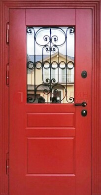 Красная железная дверь Винорит со стеклом и ковкой ДСК-205 в Кингисеппе