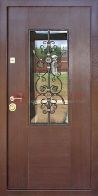 Входная дверь Винорит со стеклом и ковкой в коричневом цвете ДСК-212 в Кингисеппе