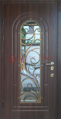 Железная дверь Винорит со стеклом и ковкой в темном цвете ДСК-216 в Саратове