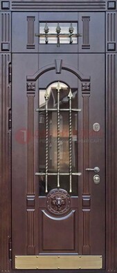 Металлическая дверь массив со стеклом и ковкой с фрамугой ДСК-249 в Кингисеппе