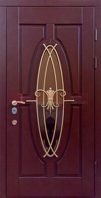 Бордовая стальная дверь Винорит со стеклом и ковкой ДСК-263 в Кингисеппе