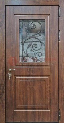 Железная дверь Винорит стекло и ковка с цветом под дерево ДСК-266 в Кингисеппе