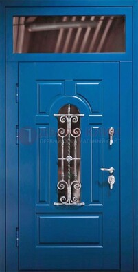 Синяя железная филенчатая дверь со стеклом и ковкой ДСК-97 в Кингисеппе