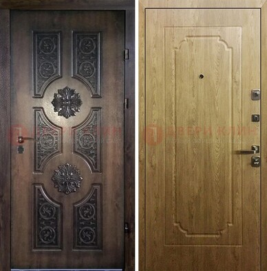 Железная коричневая дверь с виноритом и терморазрывом Золотой дуб внутри ДВТ-101 в Кингисеппе