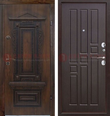Железная коричневая уличная дверь с виноритом и МДФ Шоколад ДВТ-124 в Кингисеппе
