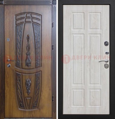 Железная коричневая уличная дверь с виноритом и МДФ Беленый дуб ДВТ-125 в Кингисеппе