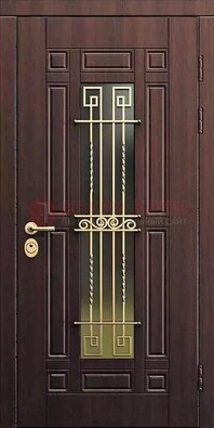 Уличная коричневая дверь с виноритом и панелью Тисненый орех ДВТ-95 в Кингисеппе