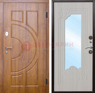 Коричневая металлическая дверь c МДФ с узором и зеркалом ДЗ-105 в Кингисеппе