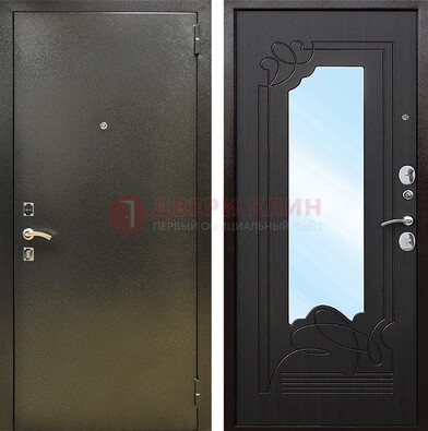 Железная темная дверь c порошковым напылением и МДФ с узором и зеркалом ДЗ-111 в Кингисеппе