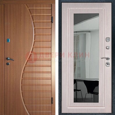 Коричневая железная дверь c виноритом и  МДФ Белый дуб с зеркалом ДЗ-118 Кириши