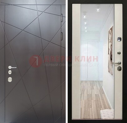 Железная коричневая дверь со светлой МДФ внутри и зеркалом ДЗ-125 в Раменском