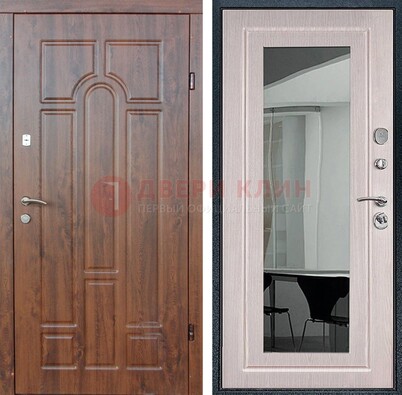 Входная коричневая дверь с МДФ Белый дуб и зеркалом ДЗ-126 в Раменском