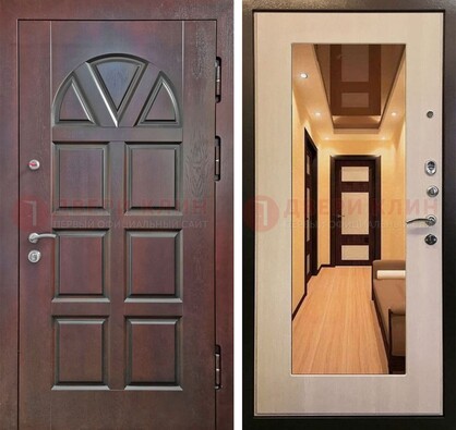 Темная железная дверь с МДФ и зеркалом в квартиру ДЗ-135 в Кингисеппе