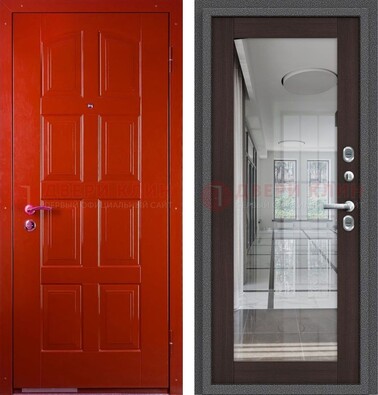 Красная металлическая дверь с МДФ и зеркалом ДЗ-136 в Раменском