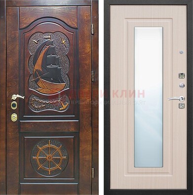 Темная уличная дверь с резьбой и зеркалом внутри ДЗ-49 в Кингисеппе