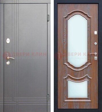 Серая входная дверь со светлой МДФ и зеркалами внутри ДЗ-77 в Уфе