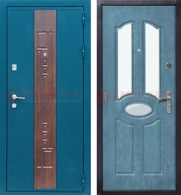 Голубая металлическая дверь МДФ с тремя зеркальными вставками ДЗ-78 в Кингисеппе
