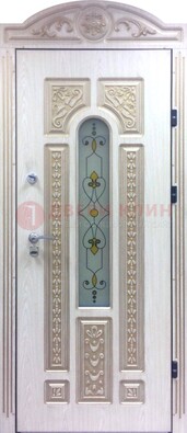 Белая железная дверь с МДФ и витражом ВЖ-26 в Кингисеппе