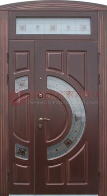 Коричневая двухстворчатая железная дверь с МДФ и витражом ВЖ-29 в Кингисеппе