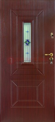 Бордовая железная дверь с витражом и отделкой массив ВЖ-3 в Сланцы