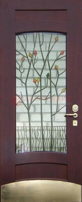 Бордовая стальная дверь с витражом и декоративным элементом ВЖ-3 в Красногорске